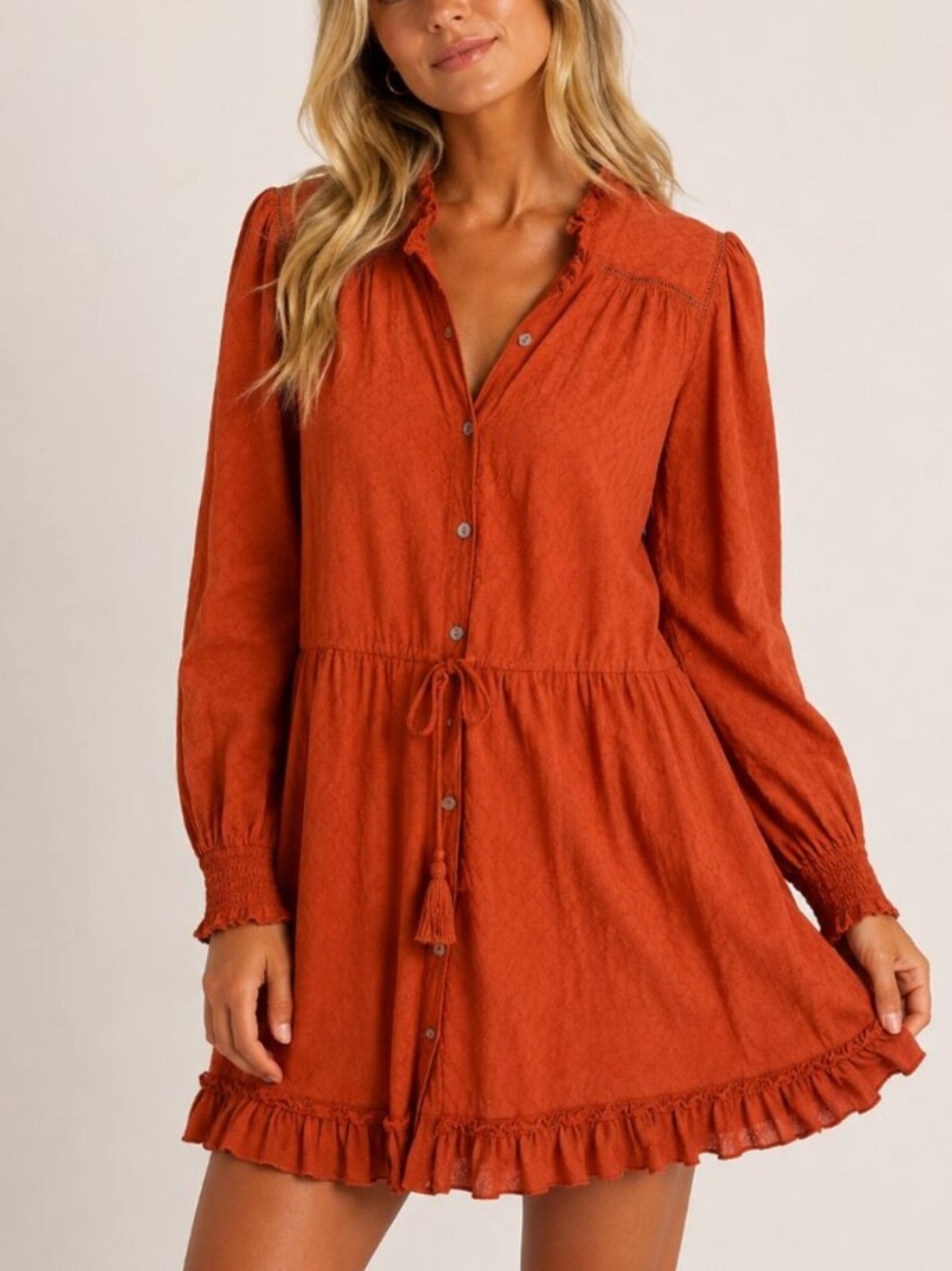 Faherty Rust ruffle Long Sleeve Mini Dress Size Medium 8731